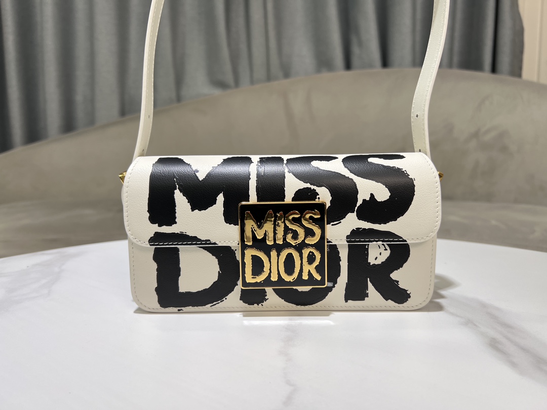 Miss Dior Flap Bag White and Black Miss Dior Graffiti Printed Calfskin